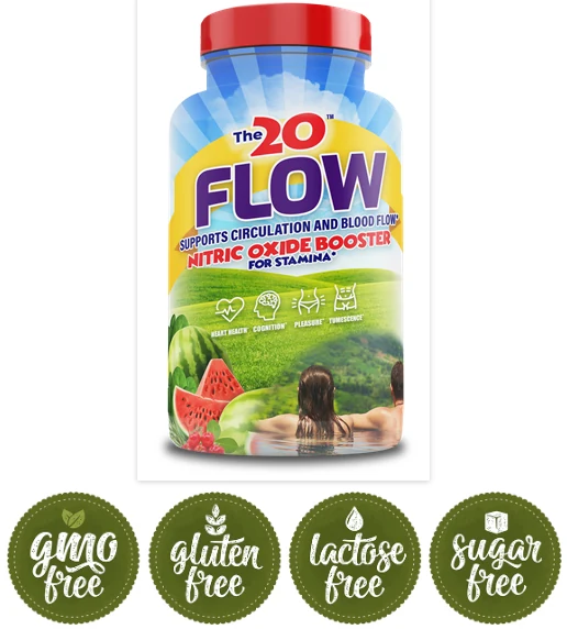 The 20 FLOW official nitric oxide booster bottle, non-GMO, gluten free, lactose free and sugar free